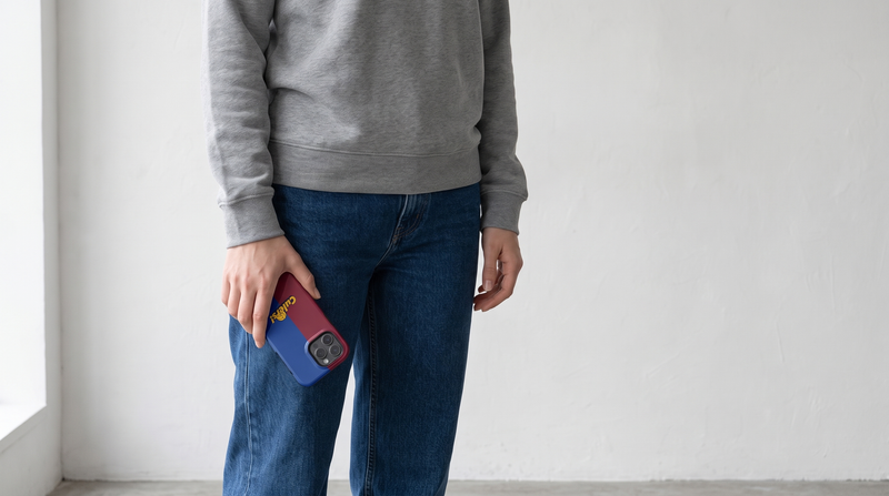Culers iPhone tough case held at hip height against a plain grey sweatshirt and indigo denim