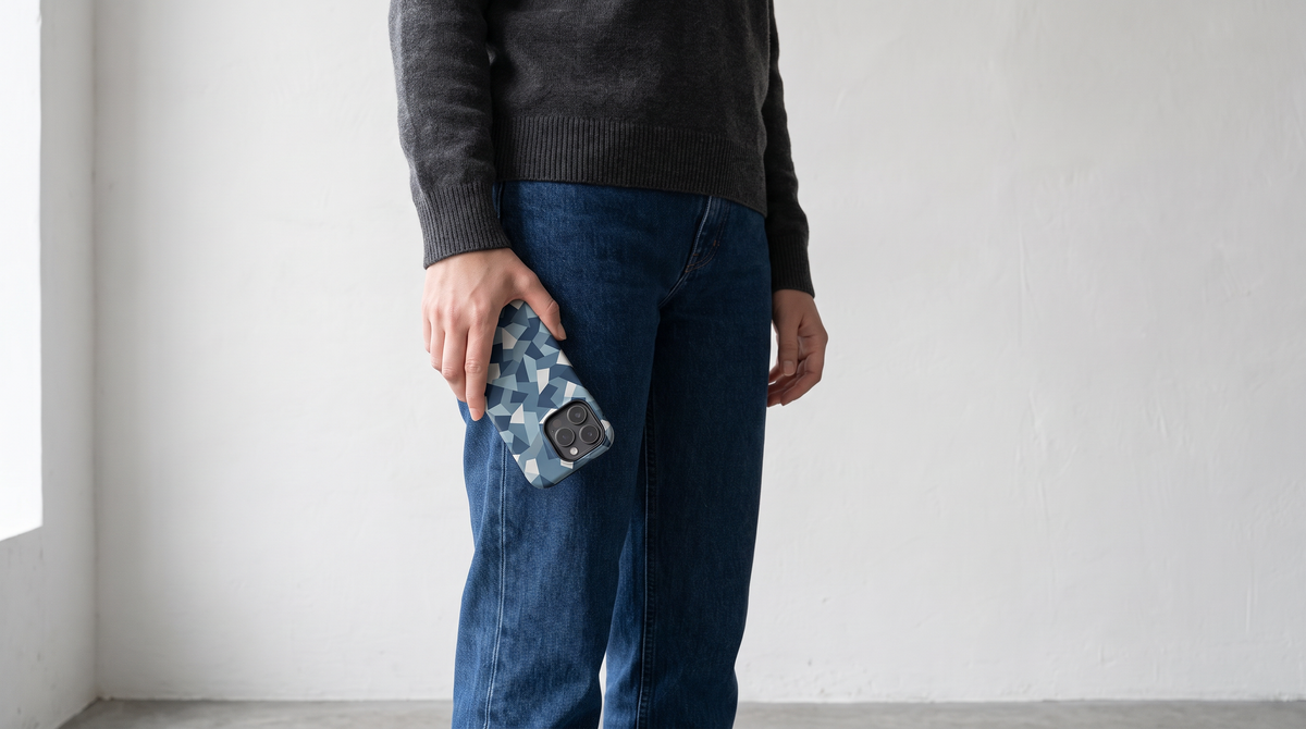 Light-Blue Camouflage iPhone tough case held against a plain charcoal knit and indigo denim