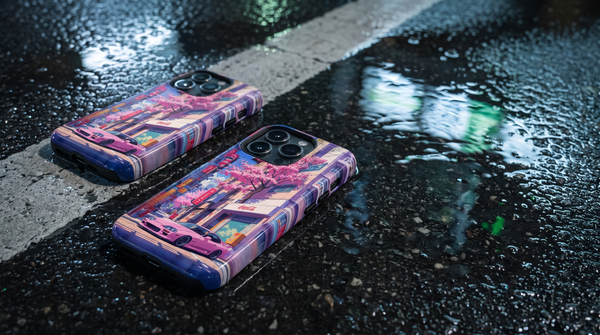 Pink JDM and WET MODE iPhone tough cases on wet night asphalt with cool light reflecting around them
