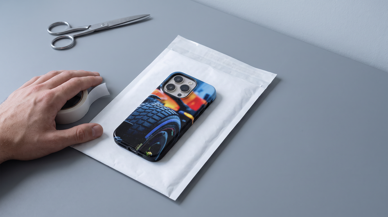 Art Livery iPhone tough case on an unsealed white mailer at a packing bench, ready for dispatch